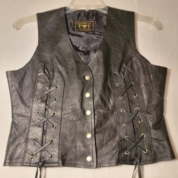 Barney's Leather Jackets & Blazers - Black Barney’s Leather Vest Womens Size Large Lace Up Sides USA Flag Back